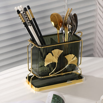 Organizador de utensilios de metal dorado elegante con bandeja de drenaje - Diseño de doble compartimento para cocina y comedor, perfecto para almacenamiento de bolígrafos, lápices y cubiertos, organizadores y almacenamiento de cocina.