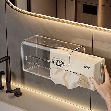 Porta pañuelos de acrílico transparente para pared, montaje con adhesivo sin taladro, organizador cuadrado minimalista para baño y cocina, ahorra espacio para pañuelos y artículos esenciales