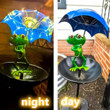 Estatua de rana solar CYCG con luz de calle y comedero de pájaros - Decoración de jardín al aire libre con luces de cuerda LED, construcción de hierro resistente al tiempo, brillo ajustable para patio, césped, terraza - Batería de níquel duradera, sin co