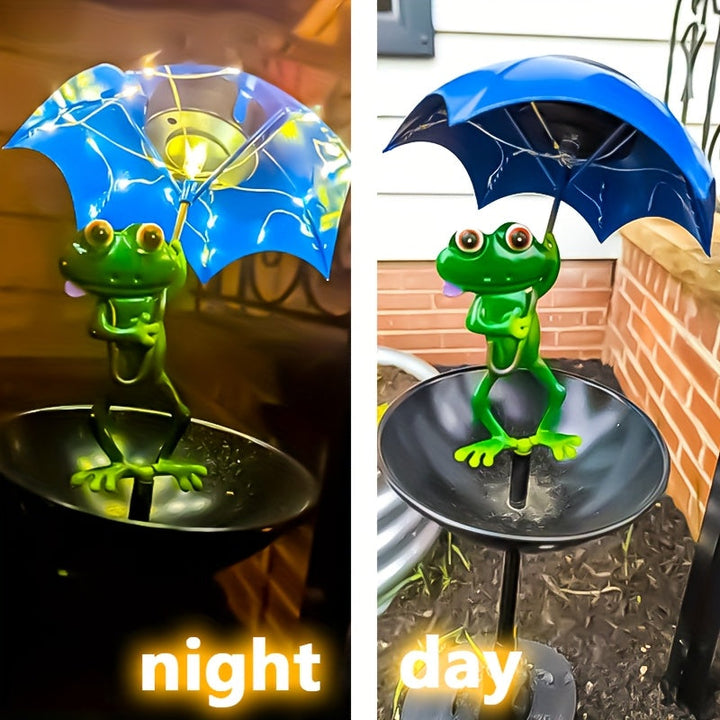 Estatua de rana solar CYCG con luz de calle y comedero de pájaros - Decoración de jardín al aire libre con luces de cuerda LED, construcción de hierro resistente al tiempo, brillo ajustable para patio, césped, terraza - Batería de níquel duradera, sin co