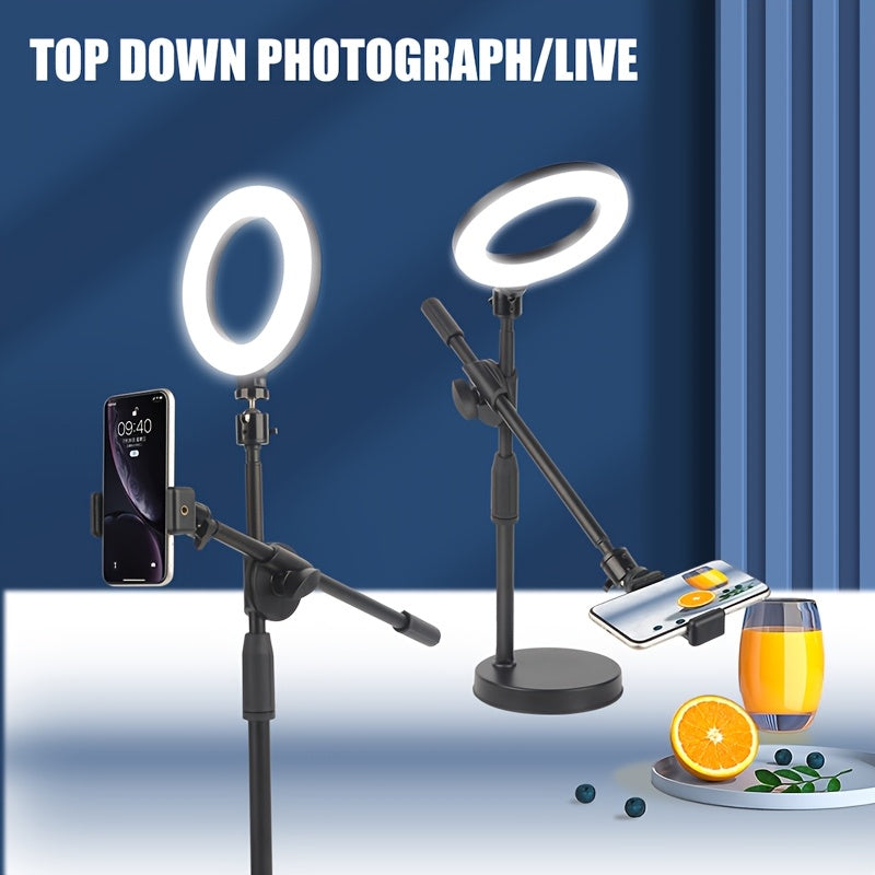 Barra de Iluminación Superior Versátil con Soporte para Teléfono y Soporte para Micrófono de Escritorio - Hierro Negro, Ideal para Transmisiones en Vivo y Fotografía de Comida