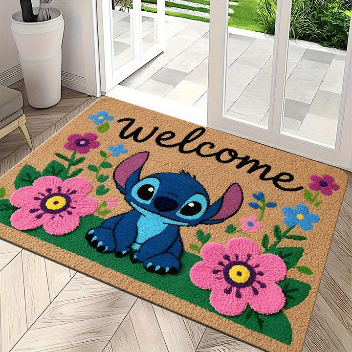 Alfombra de bienvenida con diseño de Stitch, 1 unidad - Antideslizante de poliéster con vibrante diseño floral, ideal para entrada, dormitorio y baño, fácil de limpiar, solo lavado a mano, tapete para baño