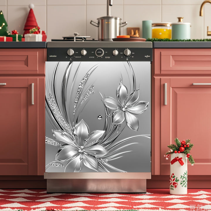 1 pieza de metal plateado con relieve de flores 2D, cubierta magnética para puerta de lavavajillas, decoración con imán, imán de flores de metal plateado, imán plateado, adecuado para decoración de pintura de cubierta de puerta de lavavajillas, póster de