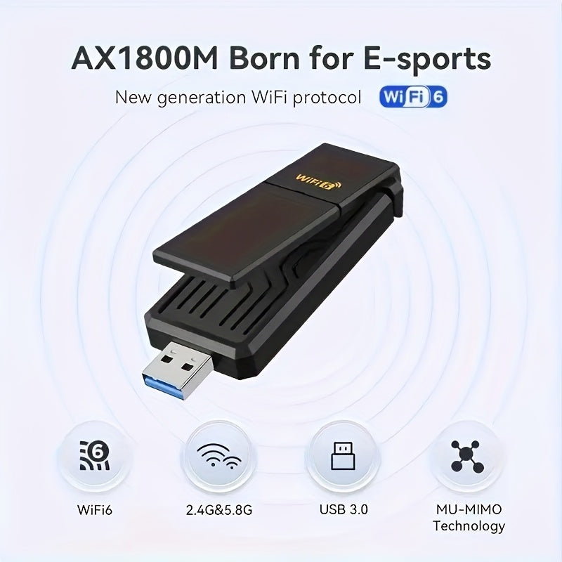 Adaptador sin varillas WiFi 6 USB 3.0 de 1800Mbps, Compatible con PC y Portátil, Adaptador USB WiFi 802.11ax con Tecnología Super USB 3.0 y Seguridad WPA3, Antena Dual de Alta Ganancia 5dBi, Receptor/Transmisor Banda Doble 5.8G/2.4G