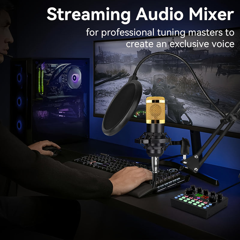 Interfaz de audio V8S Kit de podcast todo en uno con micrófono de condensador BM800 - Ideal para grabación, canto, transmisión en vivo y juegos - Carga USB, batería recargable, configuración de audio profesional, equipo de podcasting|Interfaz de audio pr