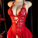 Body sexy rojo de encaje con tirantes al cuello, vestido mini sin espalda con corte tanga, diseño floral y detalles fruncidos para citas o conquista