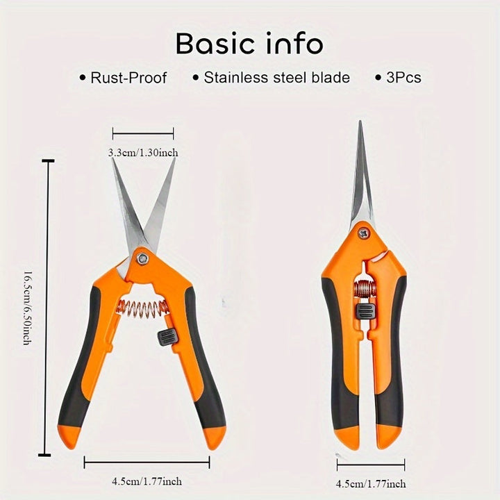 Tijeras de podar de acero inoxidable de 3 paquetes, tijeras de mano de jardín de 16,51 cm con mangos ergonómicos antideslizantes, cuchillas rectas de precisión modernas, tijeras de jardinería manuales para el cuidado de flores y plantas