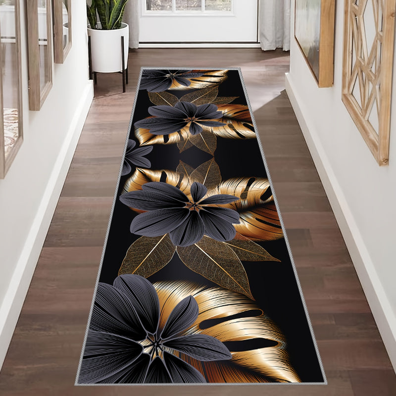 1 pieza de Terciopelo Cristal de 800g con Grosor de 0.8cm, Fondo y Blanco con Patrón Dorado Largo, Alfombra de Poliéster de Lujo, Antideslizante para Puerta, Ligera, Adecuada para Dormitorio, Porche y Espacio Interior, Lavable a Máquina, Estera Larga