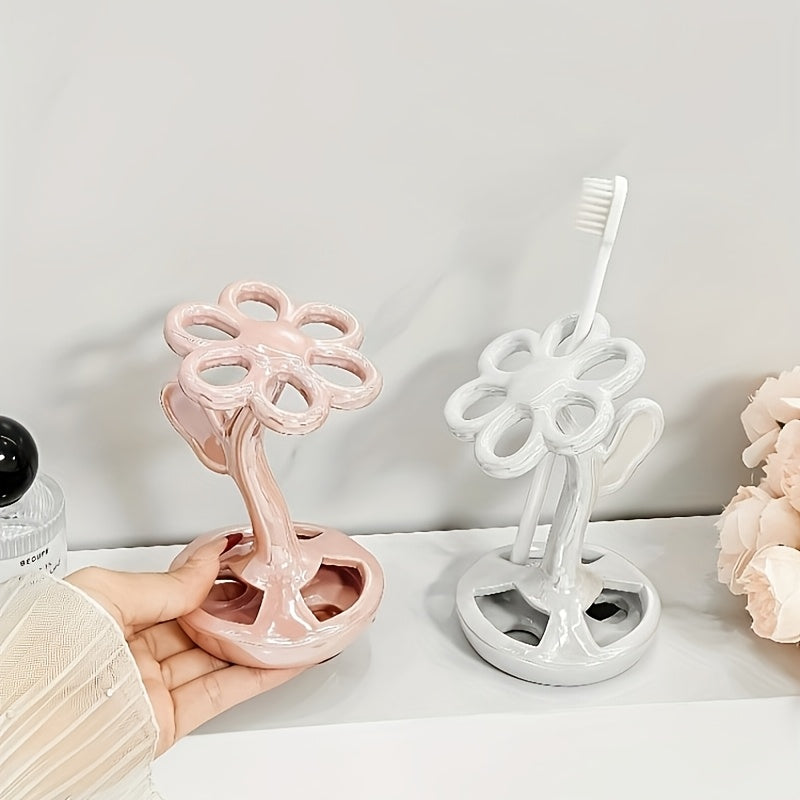 Portacepillos de Cerámica Diseño Original - Organizador de Baño Independiente con Flores en 3 Colores (Rosa, Blanco, ), Almacenamiento Doble para Brochas y Cosméticos, Sin Necesidad de Electricidad, Decoración Elegante y Regalo Festivo