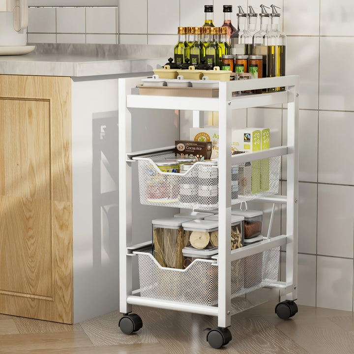 1pc estante de almacenamiento con 3/5 niveles, estante móvil con ruedas, cesta de drenaje multicapa, ideal para condimentos, platos y tazones, material acero al carbono,