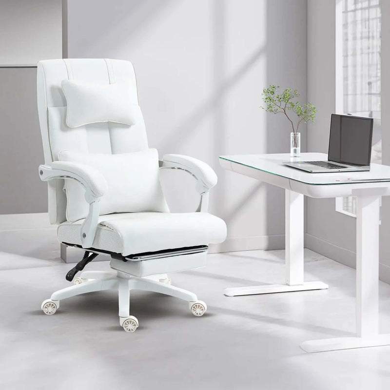 Silla de juego ergonómica para oficina con soporte lumbar y reposabrazos - Altura ajustable, giro de 360°, base de 5 ruedas - Poliéster duradero, blanco - Uso en casa y dormitorio, silla para escritorio