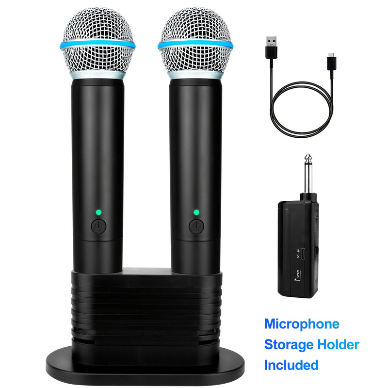 Micrófono inalámbrico doble digital dinámico con micrófono y receptor recargables, alcance de 48.77 metros, para cantar, karaoke, reuniones, iglesia, bodas, incluye soporte de almacenamiento