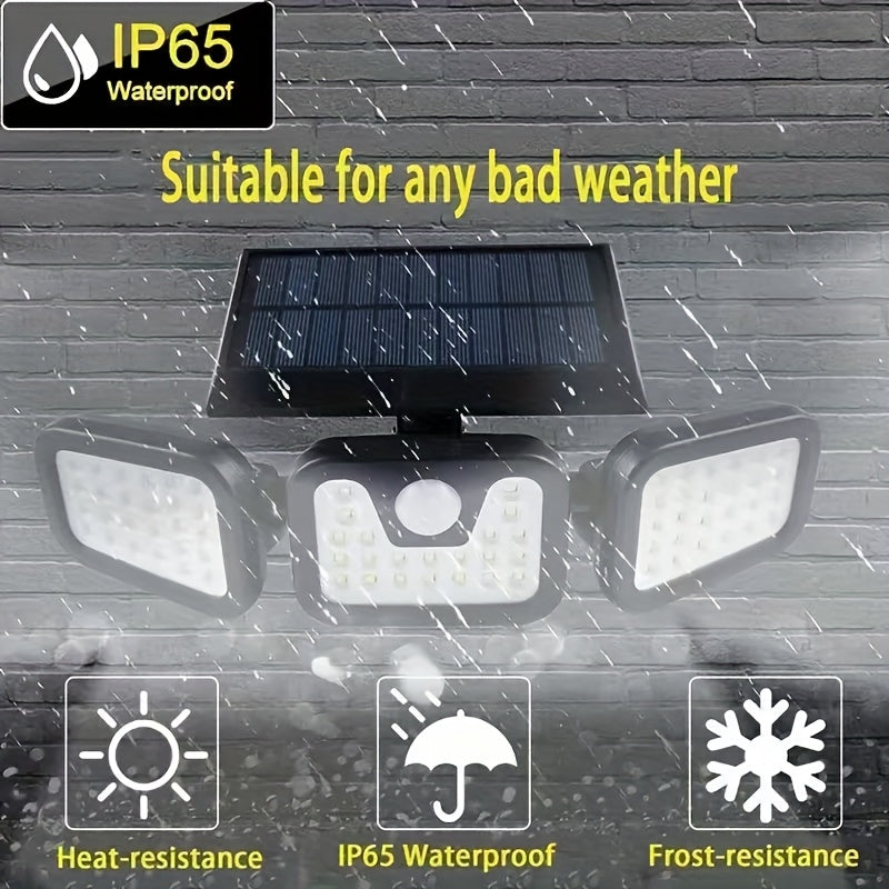 Lámpara de pared solar de 74 LED con tres brazos, iluminación ajustable de múltiples ángulos para patios al aire libre, iluminación activada por humanos y caminos - Impermeable IP65, batería de litio, instalación fácil, iluminación al aire libre | Lámpar