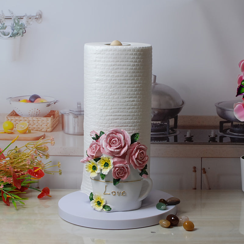 1pieza Elegante Diseño de Rosa de Resina Portarrollos de Papel con Base de Taza de Té con "Amor" - Ideal para Decoración de Cocina, Accesorio de Mostrador | Tema de Decoración de Flores | Loza de Cocina Duradera, Portarrollos de Papel