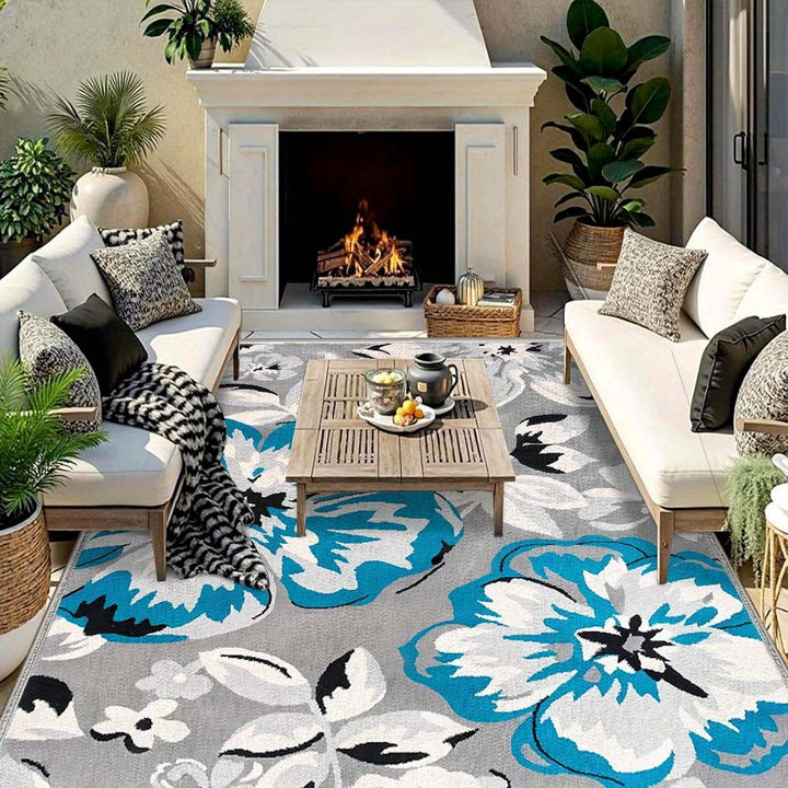 Siete Ciervos Alfombra de Exterior de Veludo Ultra-Suave - Antideslizante, Lavable en Máquina, Patrón Geométrico en Azul, Blanco y Gris - Alfombra Ligera y Duradera para Patio, Camping y Decoración del Hogar, Decoración de Patio | Acento Moderno del Hoga