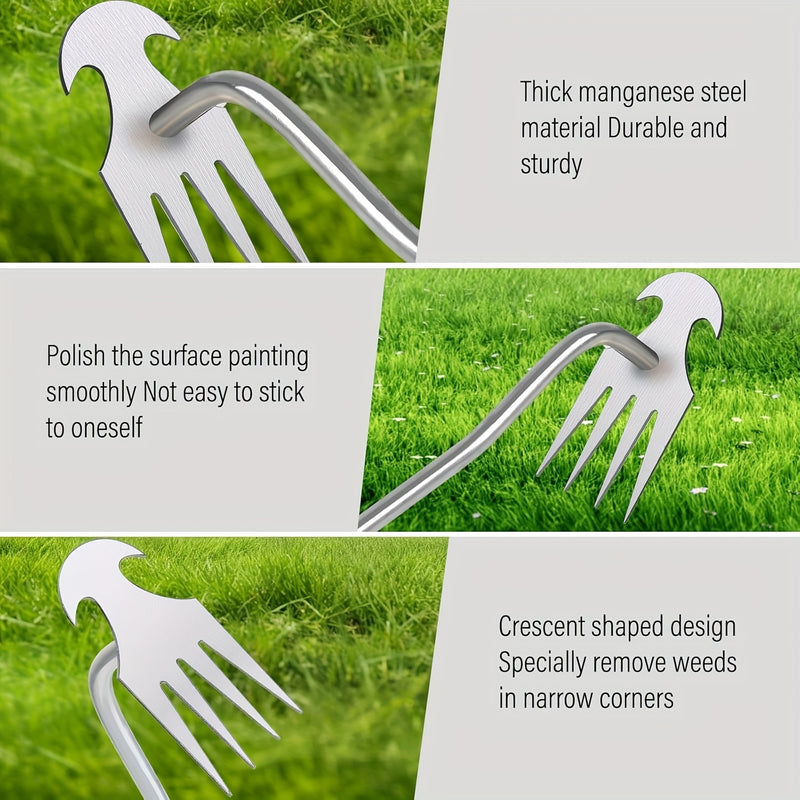 Pulidor de malezas manual de acero inoxidable con mango largo - Herramienta de desmalezamiento de jardín de doble propósito, diseño de 4 garras para la eliminación efectiva de raíces, mango de madera ergonómico para uso en jardines y granjas, eliminador