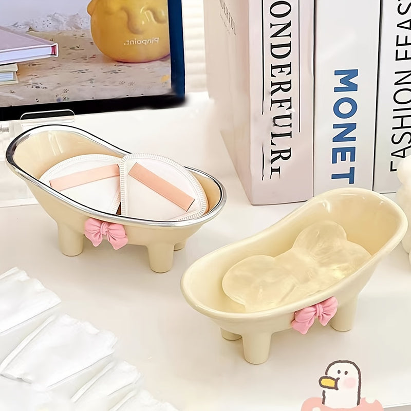 1pc Elegante Jabonera con Forma de Bañera y Adorno de Lazo Rosa - Soporte de Drenaje Ovalado de Plástico para Baño y Lavabo, Ideal para Almacenamiento de Jabón