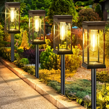 4 luces solares para senderos - Luces brillantes y eficientes para exteriores con función automática de encendido/apagado, ideales para césped, patio, sendero y decoración de garaje, iluminación de paisaje | Iluminación exterior moderna | Paneles solares