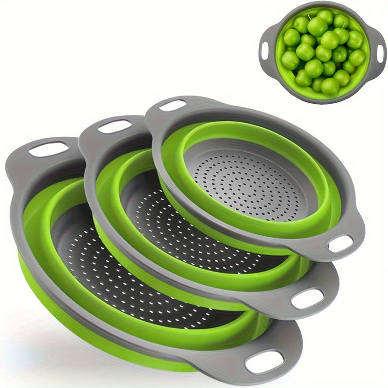 1/2 Juego de cestas de drenaje de cocina de silicona redondas plegables - 1 grande, 1 pequeña, muy adecuado para escurrir pasta, verduras y frutas