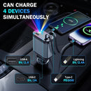 Cargador de coche USB C rápido 4 en 1 con luz ambiental de cielo estrellado (luz roja), 66W, con cable retráctil doble y puerto dual USB, artefacto romántico para vehículo, carga simultánea para 4 dispositivos, ángulo ajustable de 180°, compatible con iP