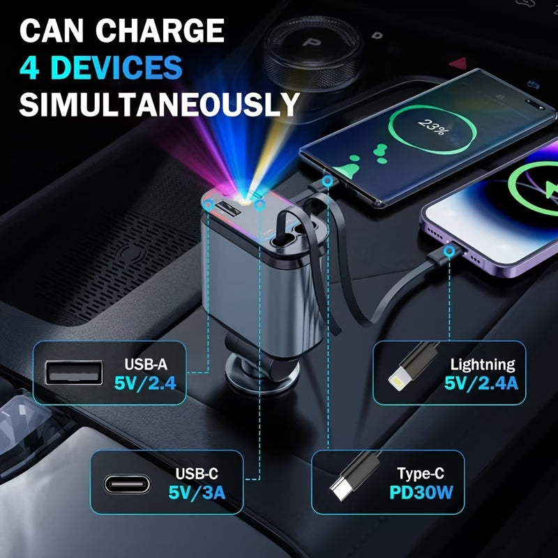 Cargador de coche USB C rápido 4 en 1 con luz ambiental de cielo estrellado (luz roja), 66W, con cable retráctil doble y puerto dual USB, artefacto romántico para vehículo, carga simultánea para 4 dispositivos, ángulo ajustable de 180°, compatible con iP