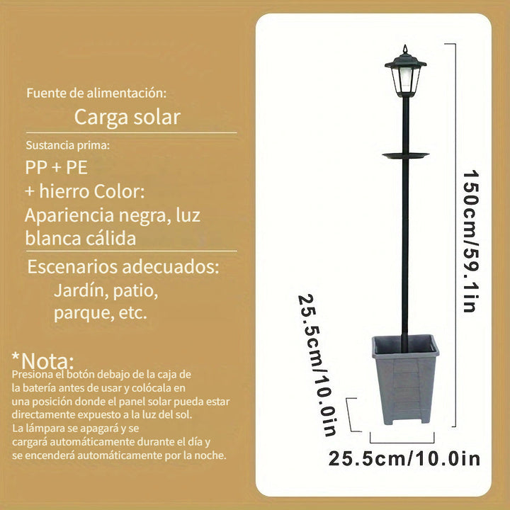 Comedero para pájaros solar retro con maceta inferior, ideal para decoración de jardín, lámpara solar creativa de doble nivel para ambiente exterior