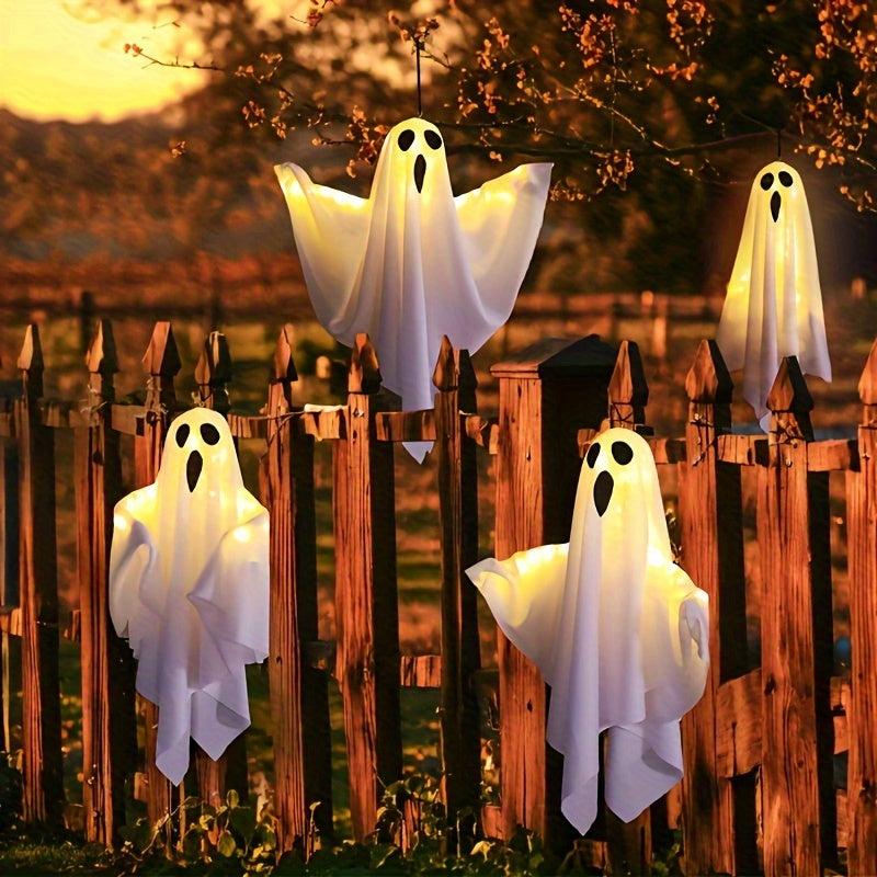 Luces LED de Halloween | Fantasmas de Tela de 20 Pulgadas con Ojos Iluminados | Decoraciones Exteriores Alimentadas por Batería para Jardín, Patio y Árboles | Modos de Iluminación Múltiples | Incluye Cuerda para Colgar | Ideal para Festivales de Otoño, L