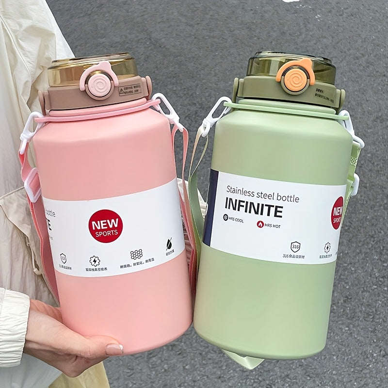 1 vaso aislado de acero inoxidable de 2000 ml, gran capacidad con asa, conserva el hielo y tiene una paja térmica, botella de agua deportiva portátil para uso al aire libre.