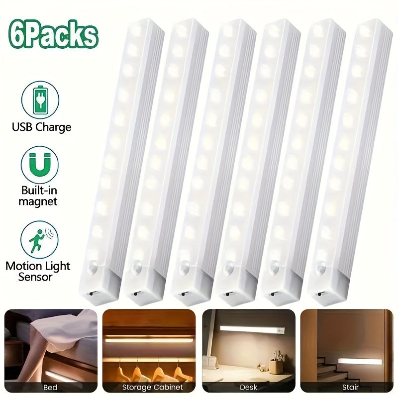 6 luces LED con sensor de movimiento recargables por USB, montaje magnético - 10cm/20cm/30cm, blanco cálido/frío, iluminación inalámbrica para cocina, clóset, escaleras y pasillos, activación por movimiento | Diseño elegante LED | Configuración inalámbri