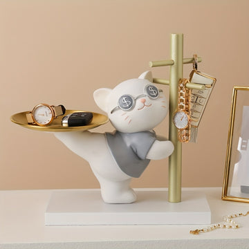 1 pieza, Figurita de gato de la suerte de resina con bandeja dorada, soporte para llaves y joyas, organizador de almacenamiento decorativo para accesorios, acento de decoración del hogar, idea de regalo perfecta, soporte de exhibición multiusos
