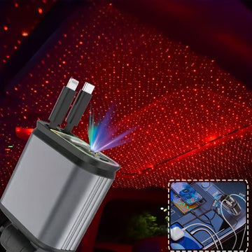 Cargador de coche USB C rápido 4 en 1 con luz ambiental de cielo estrellado (luz roja), 66W, con cable retráctil doble y puerto dual USB, artefacto romántico para vehículo, carga simultánea para 4 dispositivos, ángulo ajustable de 180°, compatible con iP