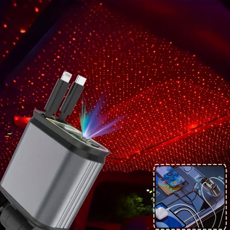 Cargador de coche USB C rápido 4 en 1 con luz ambiental de cielo estrellado (luz roja), 66W, con cable retráctil doble y puerto dual USB, artefacto romántico para vehículo, carga simultánea para 4 dispositivos, ángulo ajustable de 180°, compatible con iP