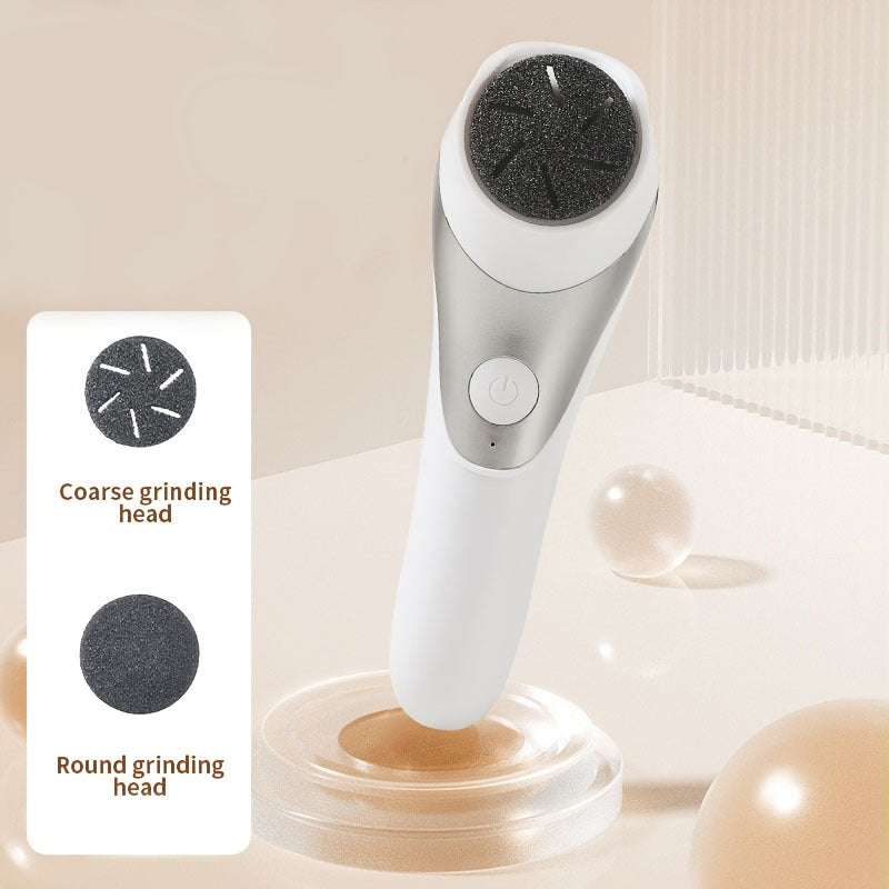 Una máquina de pulir pies eléctrica portátil con carga USB de doble cabeza, herramienta recargable para eliminar el pie y para pedicura, ideal para pulir pies gruesos y cuidar la piel seca, fácil de usar con una cabeza de molienda reemplazable.