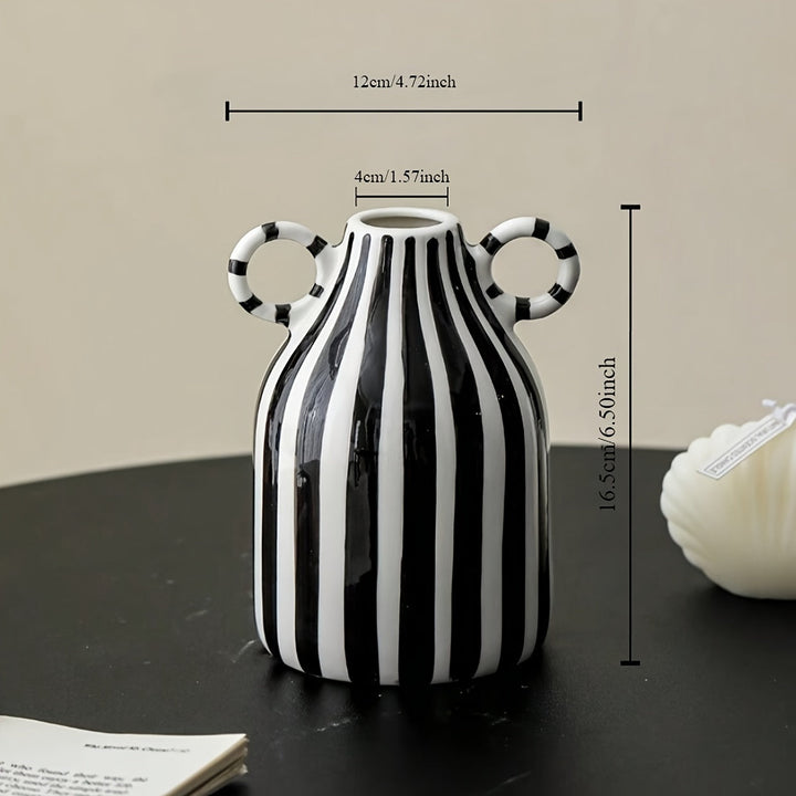 1pc Jarrón de cerámica con rayas, estilo creativo y sencillo, con dos asas, forma cilíndrica redonda, decoración para el hogar y la cocina, no requiere energía, no incluye batería