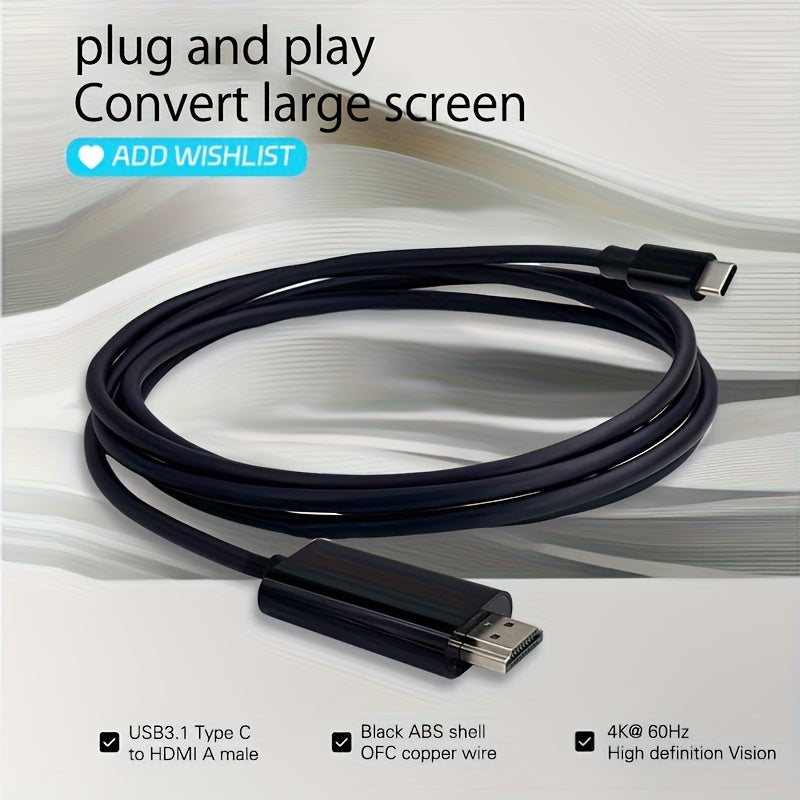 4K 60Hz Cable USB3.1 Tipo C a HDTV de 2m/78,14 pulgadas/6,56 pies, Plug and Play, Compatible con MacBook, iPad, iPhone, Teléfono móvil, Tableta y Portátil