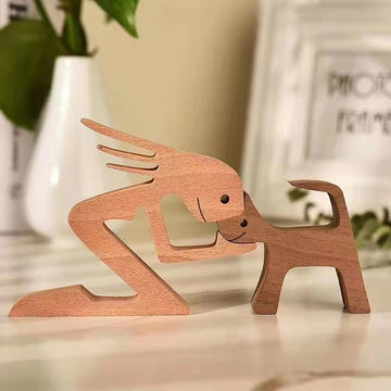 Figura de Perro de Madera Hecha a Mano - Escultura Encantadora de Familia y Mascota para Decoración de Hogar u Oficina, Regalo Perfecto para San Valentín o Navidad