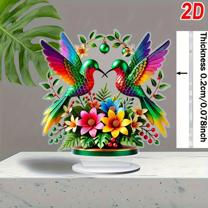 Decoración de Mesa Acrílica Plana en 2D, 1 pieza con Colibrí y Flores Vibrantes - Arte Impreso Manual en 2D, Centro de Escritorio para Oficina o Hogar sin Electricidad, Regalo Único de Navidad para Amantes de la Naturaleza, Decoración de Pájaros, 2D Plano