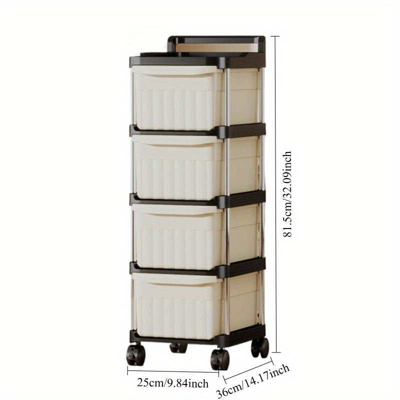 Carrito rodante delgado de 4 niveles con cajones - Organizador móvil de uso múltiple de color crema con ruedas de 360° para cocina, baño, dormitorio | Carrito estrecho de capas múltiples para snacks, maquillaje, hogar, organizador de baño | Unidad de est