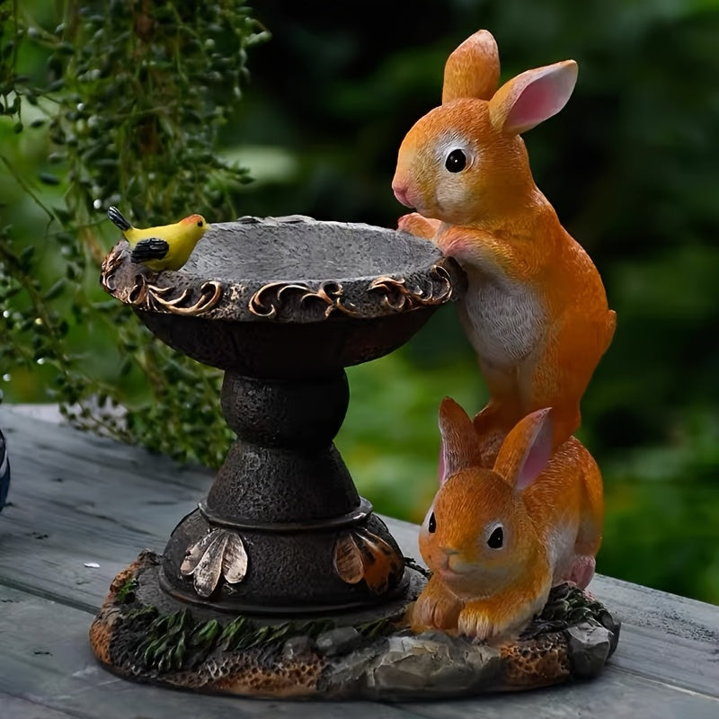 Lámpara solar exterior creativa con adorno de doble conejo bebiendo, hecha de resina, perfecta para iluminación de jardín y patio. Ideal para porche, jardín y decoración de jardinería, es un gran regalo para mujeres y abuelas. Esta estatua de resina para