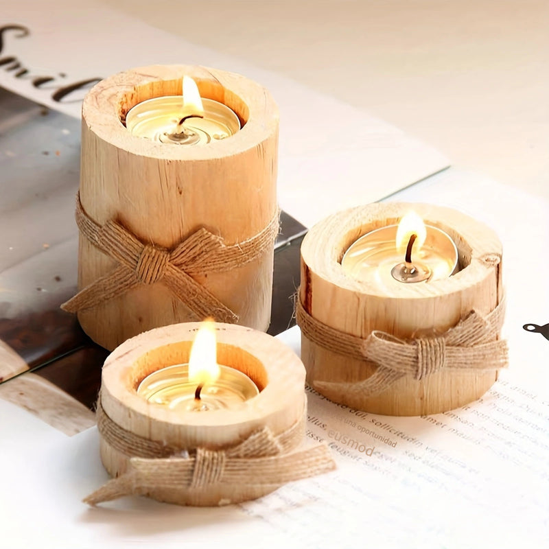 Juego de 3 Portavelas de Madera Pulida Hechos a Mano - Velas de Madera Rústica para Decoración de Fiestas y Cenas a la Luz de Velas en Casa