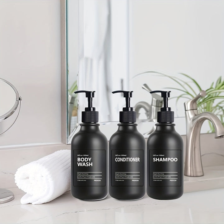 3pcs Botella Redonda de 500ml para Aceites Esenciales y Jabón en Gel, Dispensadores de Plástico con Etiquetas Removibles (Gel de Ducha, Loción, Jabón para Manos, Acondicionador) - Incluye 6 Etiquetas