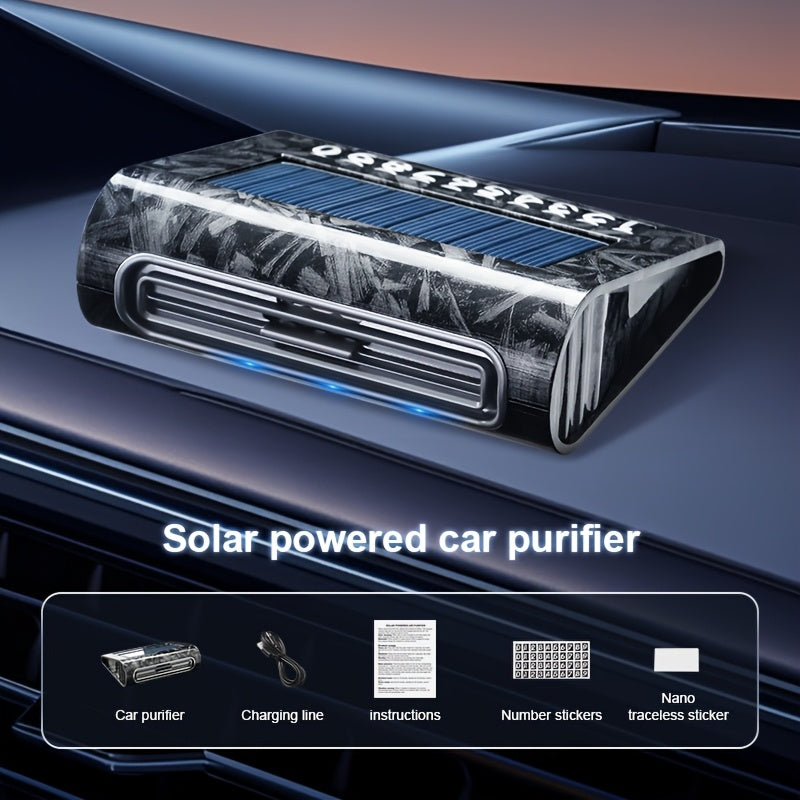 1pc Purificador de Aire Solar para Coche, Textura de Fibra de Carbono, Tecnología Inteligente, Uso en el Vehículo, Eliminación de Olores, Esterilización por Desinfección, Generador de Ozono, Funcionamiento Automático al Estacionar, Carga Solar, Matrícula