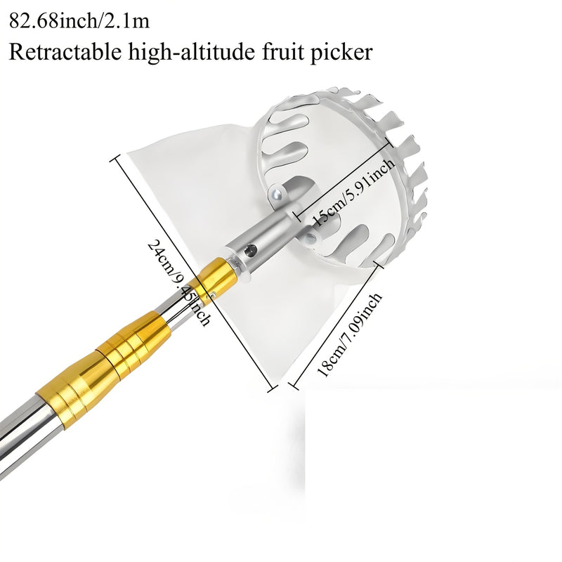 Pica de frutas telescópica portátil de acero inoxidable - Agarre antideslizante duradero sin rastros para mango, tomate, cerezas y más - Herramienta de cosecha manual con mango ergonómico y cesta de almacenamiento segura