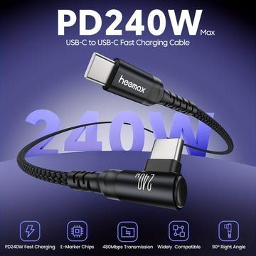 Cable de carga rápida HEEMAX de 240W, con diseño de ángulo recto C a C y USB-C a USB-C, con diseño de 90°, transferencia de datos de alta velocidad, cable trenzado duradero para teléfonos inteligentes y portátiles, cable de carga para teléfono, accesorio