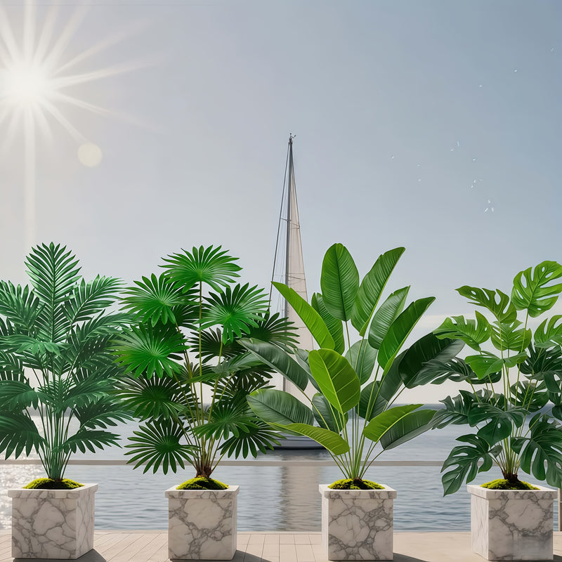 Juego de 4 piezas para todas las estaciones, incluye 48 plantas artificiales de hojas grandes. Adecuado para exteriores - árboles decorativos tropicales de hoja ancha, macetas para interiores y exteriores todo el año, estilo nórdico para bodas
