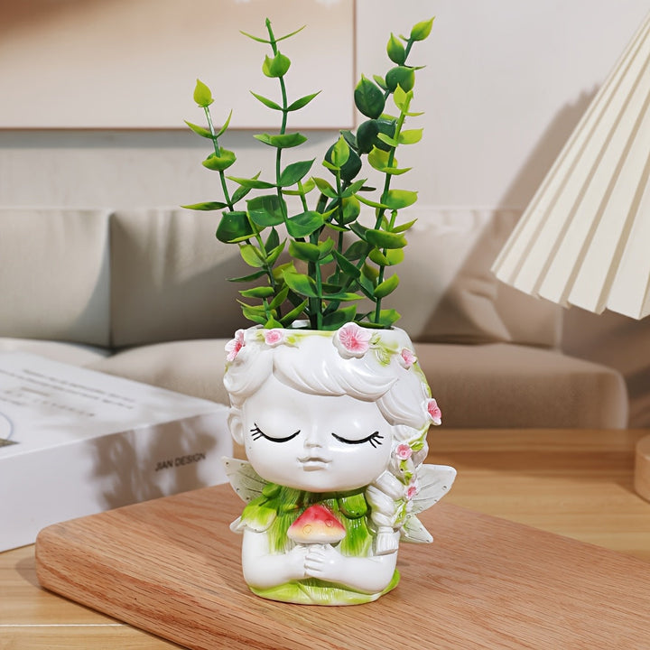 1pc Decoración de Jarrón de Resina con Ángel - Adorno Clásico para el Hogar con Hojas Verdes y Flores Rosas, Diseño Artesanal en Base para Sala de Estar, Dormitorio u Oficina, Decoración de Ángeles, Arte Detallado