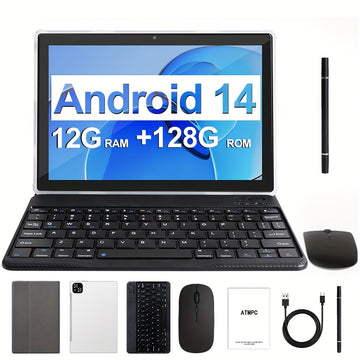 Tablet de 10.1 Pulgadas con Sistema Operativo Android 14, Tableta 2 en 1 con Teclado, Ratón, Funda, Estilete, 128GB ROM 12GB 4GB+8GB RAM Ampliable, Doble Cámara, Procesador de Ocho Núcleos, Pantalla Táctil IPS Alta Definición 1280*800, GMS Tab, Wi-Fi 5G