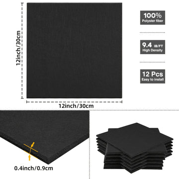 Paneles de espuma de sonido autoadhesivos HERTBER, paquete de 12, negro, baldosas acústicas de alta densidad para oficina, sala de reuniones, sala de estar, estudio, sala de música, sala de juegos, cine - Material de absorción de sonido
