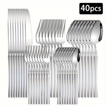 Set de cubiertos de acero inoxidable - 20/30/40 piezas de cubiertos elegantes con mango delgado, vajilla premium para 4/6/8 personas, incluye cuchillos, tenedores, cucharas, cubiertos de postre, ideal para el hogar, la cocina, el restaurante, las fiestas