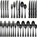Juego de 24 piezas de cuchillería occidental de alta calidad de acero inoxidable, con cuchillo, tenedor y cuchara. Cuchillo de cuchillo de carne, cuchillo de bistec, cubertería negra. Cubertería de plata de acero inoxidable, cuchillo de postre, tenedor y